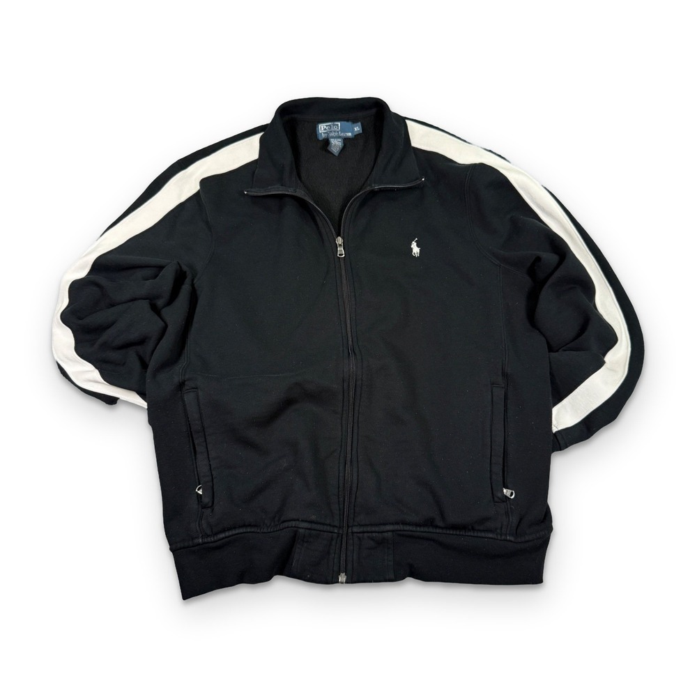 Vintage Polo Ralph Lauren Track Jacket Mens XL Black White Stripe Full Zip Pony
